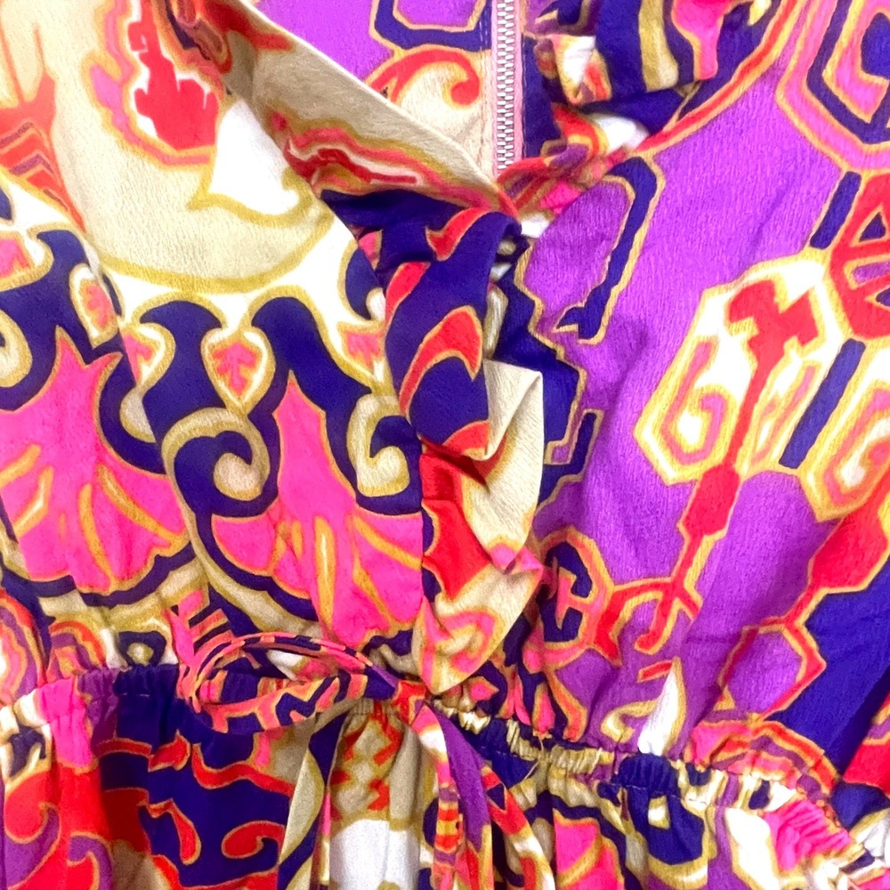 Vintage 60s mini dress Psychedelic Abstract Ruffle Neck Empire Waist Purple Pink - Picture 7 of 13